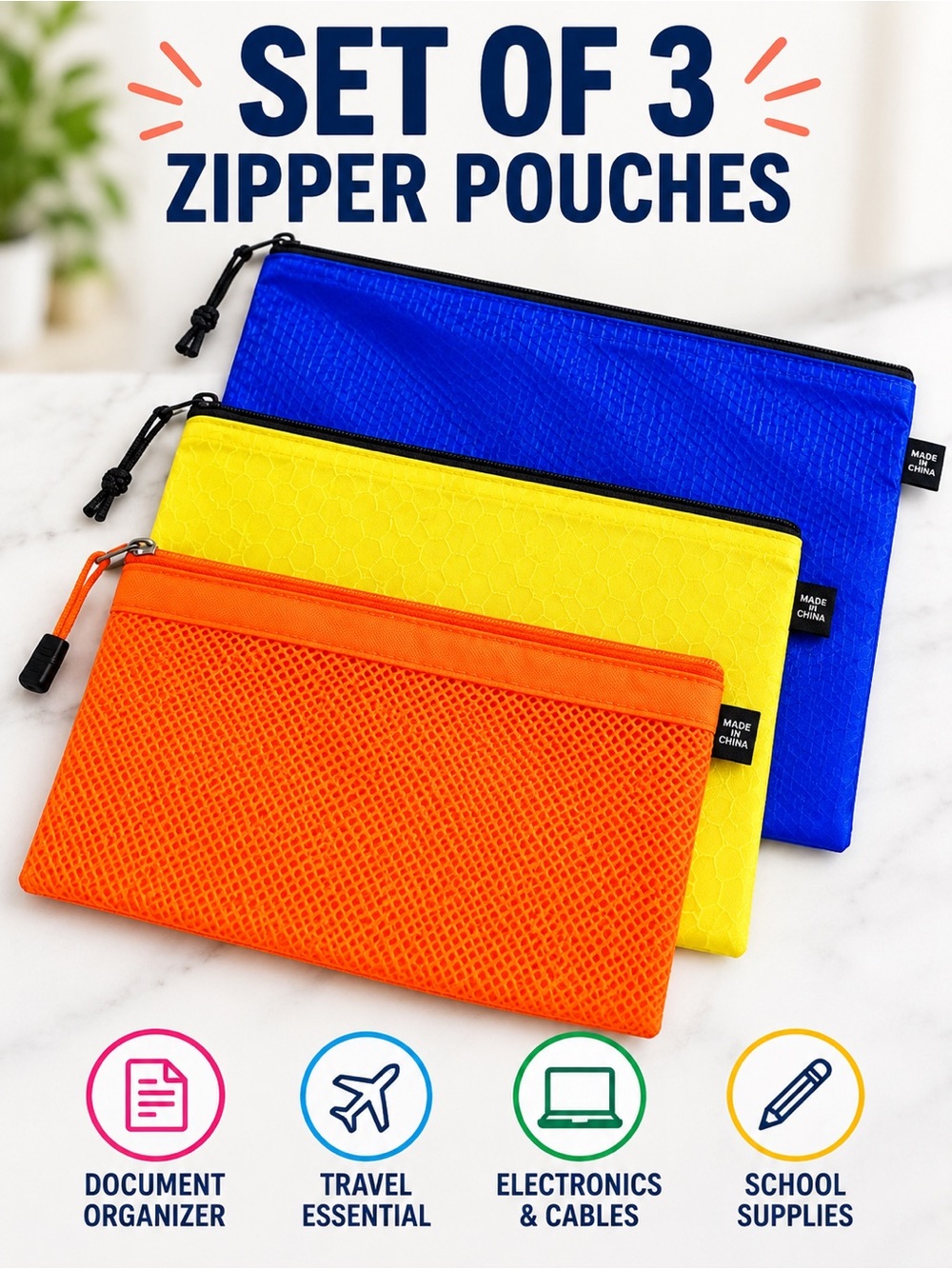 Set of 3 Zipper Pouches Travel Document Organizer Bags Mesh Storage